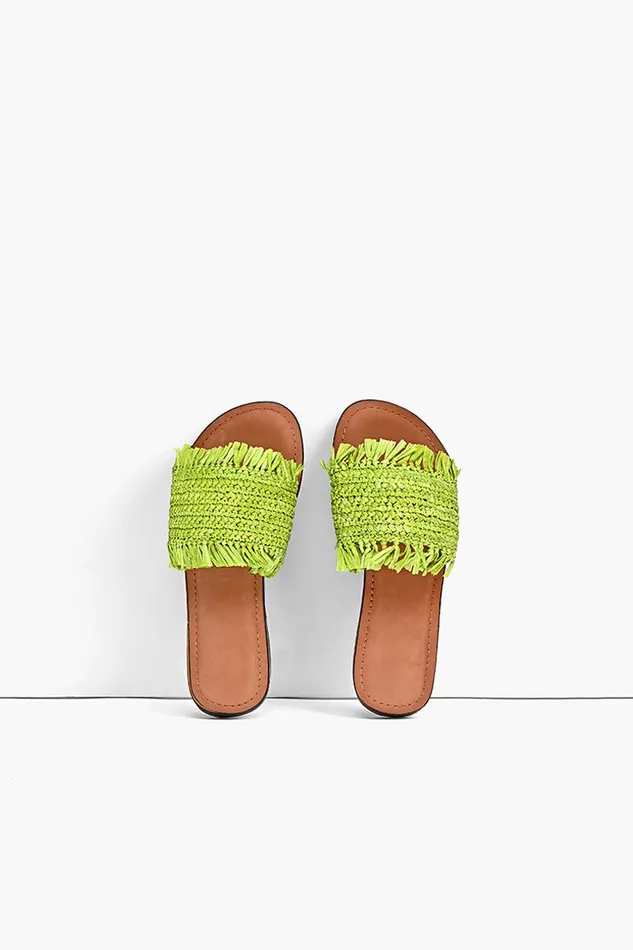 America and Beyond Sandals Women Neon Green Raffia Slide Sandals