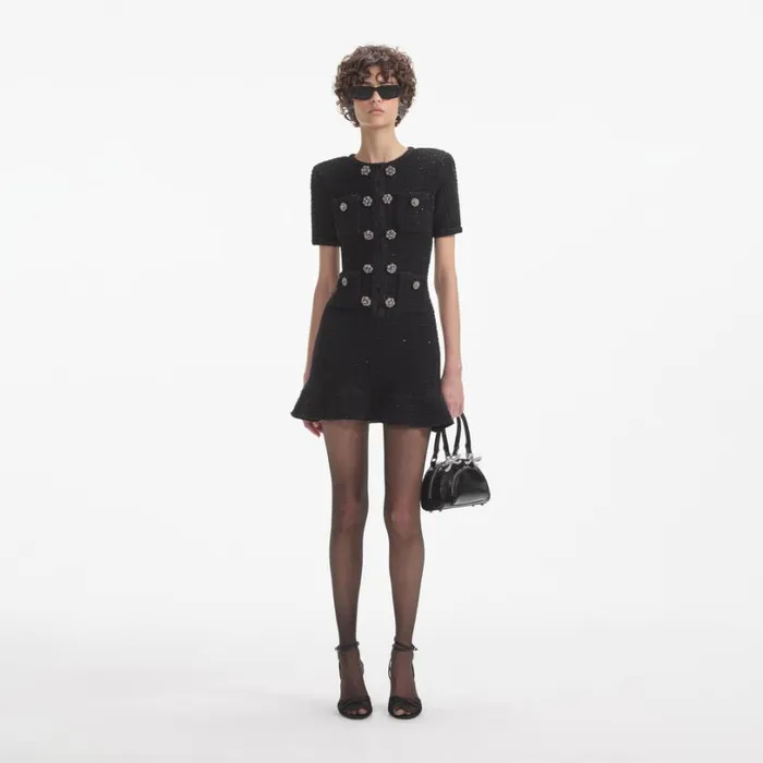 Black Knit Buttoned Mini Dress Women Self Portrait Dresses