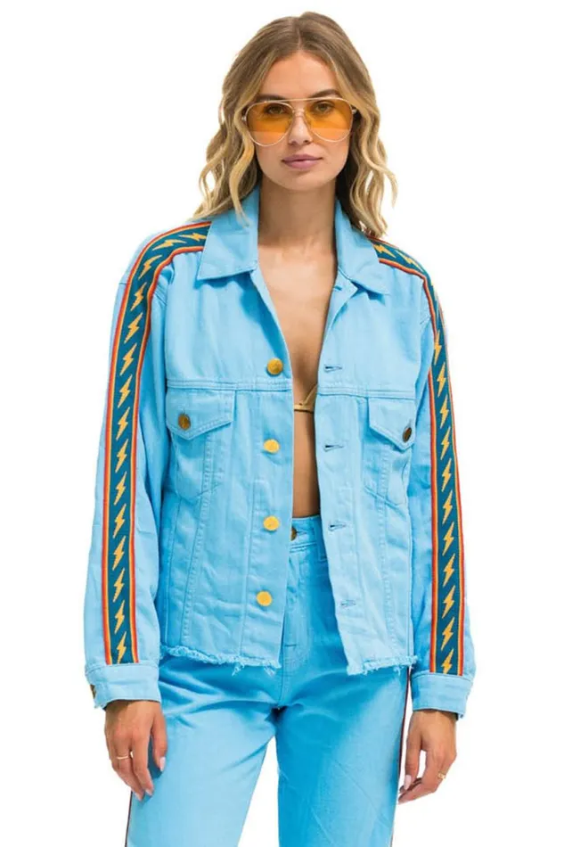 Bolt Stripe Oversized Cutoff Denim Jacket 8211 Sky WomenMen Aviator Nation Denim Bolt Stripe Oversized Cutoff Denim Jacket 8211 Sky WomenMen Aviator Nation Denim