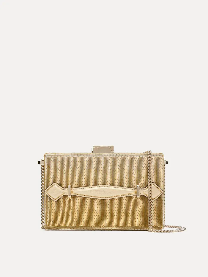 Bugle Bead Embroidered Alibi Minaudiere Champagne Women Oscar De La Renta Handbags