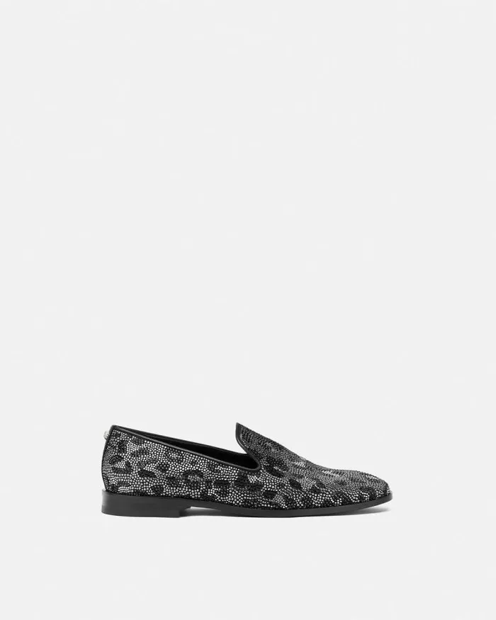 Crystal Leopard Medusa Slippers Blacksilver Men Versace Loafers and Slippers