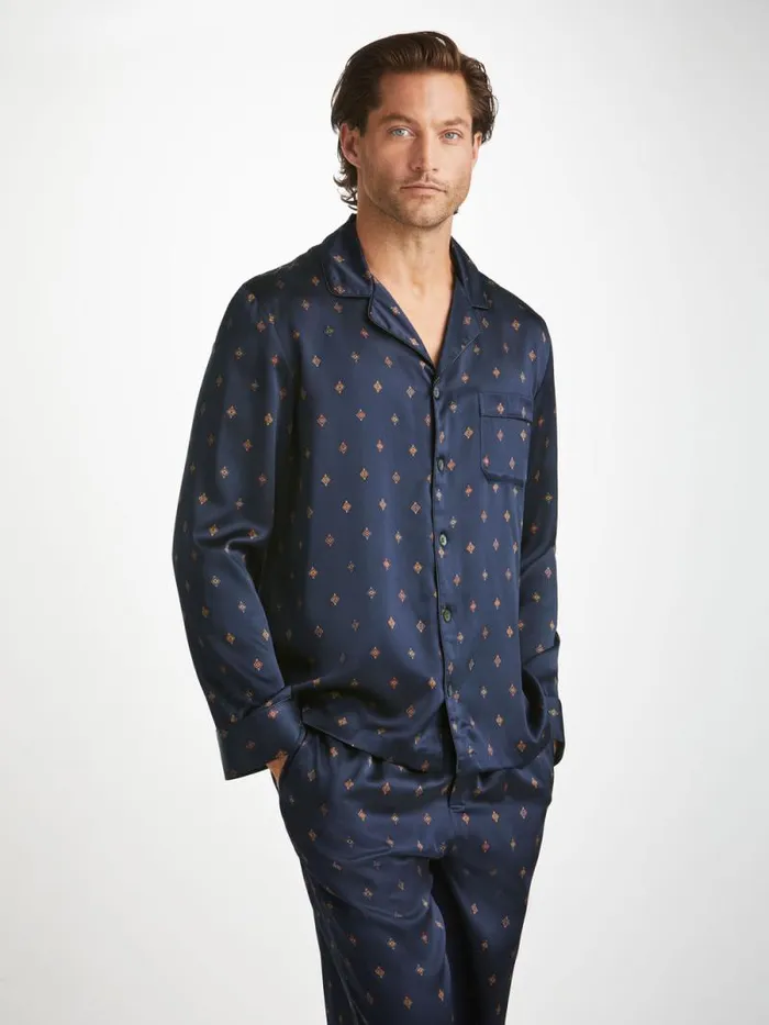 Derek Rose Long Pajamas Men Pajamas Brindisi 103 Silk Satin Navy