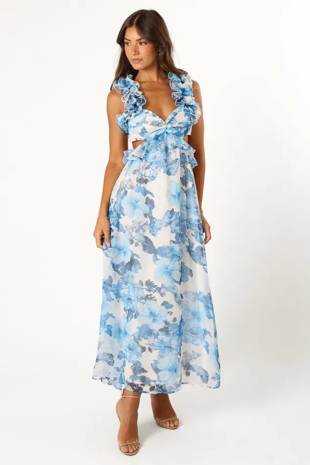 Event Dresses Women Lucah Frill Shoulder Maxi Dress Blue White Floral Petal and Pup
