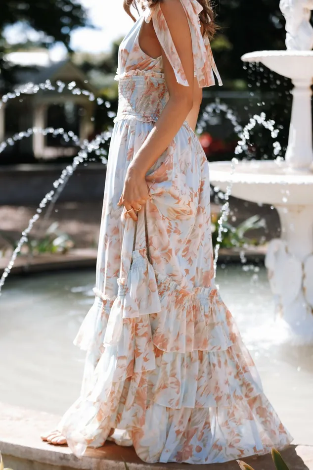 Floral Dresses Women Christabel Tiered Maxi Dress Blue Floral Petal and Pup