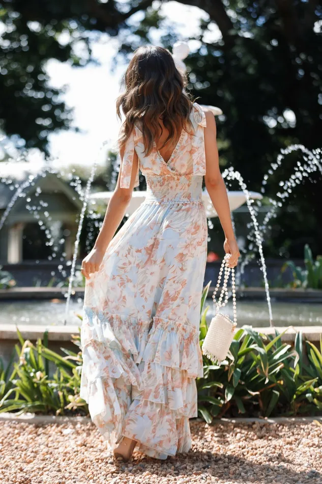 Floral Dresses Women Christabel Tiered Maxi Dress Blue Floral Petal and Pup