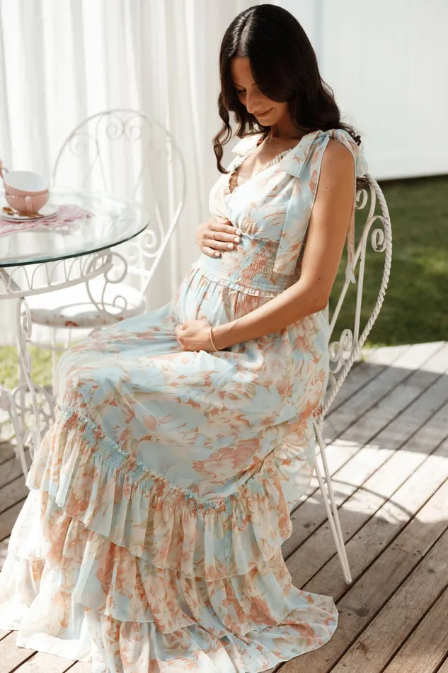 Floral Dresses Women Christabel Tiered Maxi Dress Blue Floral Petal and Pup