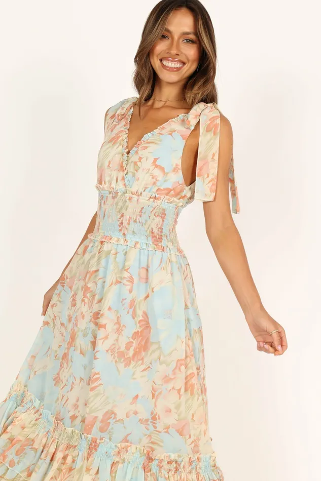 Floral Dresses Women Christabel Tiered Maxi Dress Blue Floral Petal and Pup