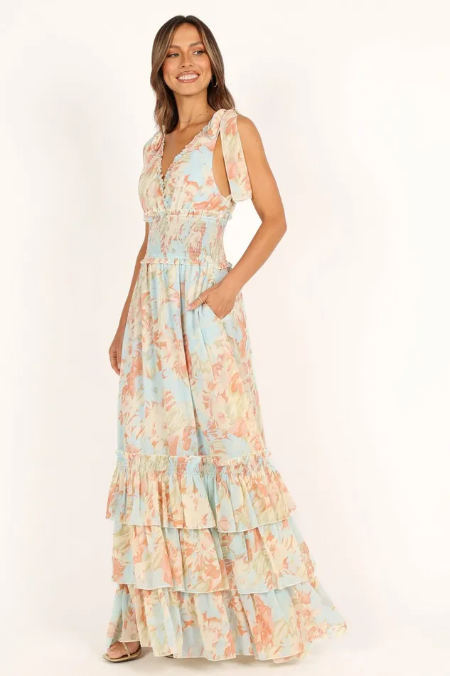 Floral Dresses Women Christabel Tiered Maxi Dress Blue Floral Petal and Pup