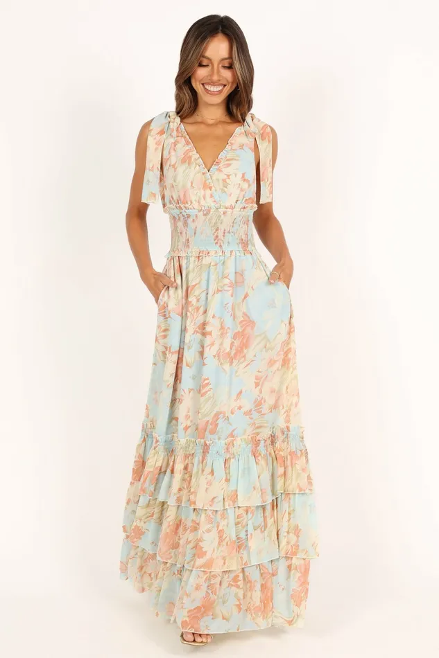 Floral Dresses Women Christabel Tiered Maxi Dress Blue Floral Petal and Pup