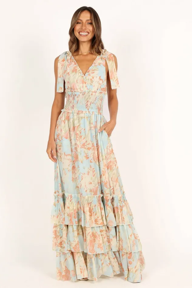 Floral Dresses Women Christabel Tiered Maxi Dress Blue Floral Petal and Pup