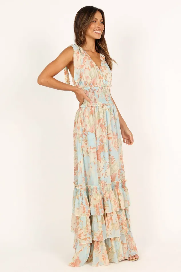 Floral Dresses Women Christabel Tiered Maxi Dress Blue Floral Petal and Pup
