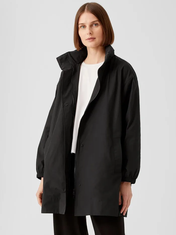 Jackets Coats and Vests Women Eileen Fisher Light Cotton Nylon Stand Collar Long Coat Black