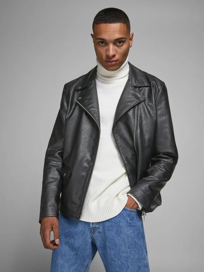 Jackets JACK and JONES Mens BIKER FAUX LEATHER JACKET Black Black