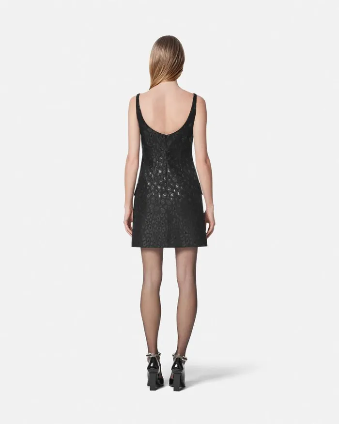 Leopard Jacquard Scoop Mini Dress Black Women Versace Dresses