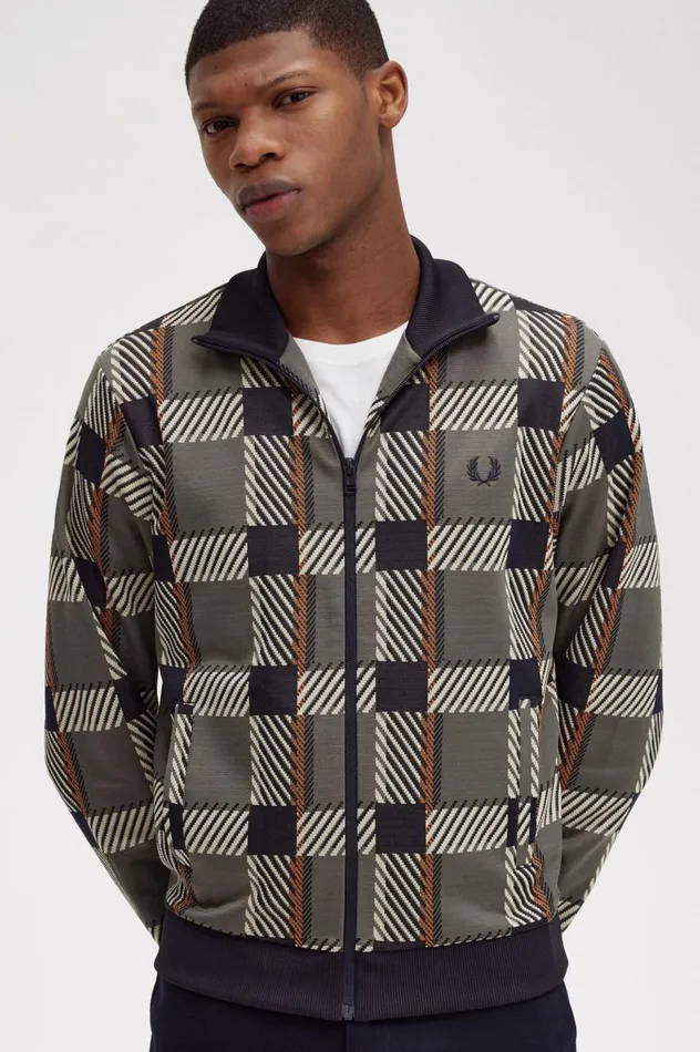 Men Glitch Tartan Track Jacket Field Green Fred Perry Track Jackets