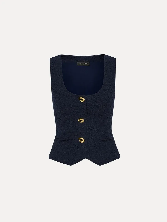 O Button Cotton Tweed Vest Navy Women Oscar De La Renta Jackets and Coats
