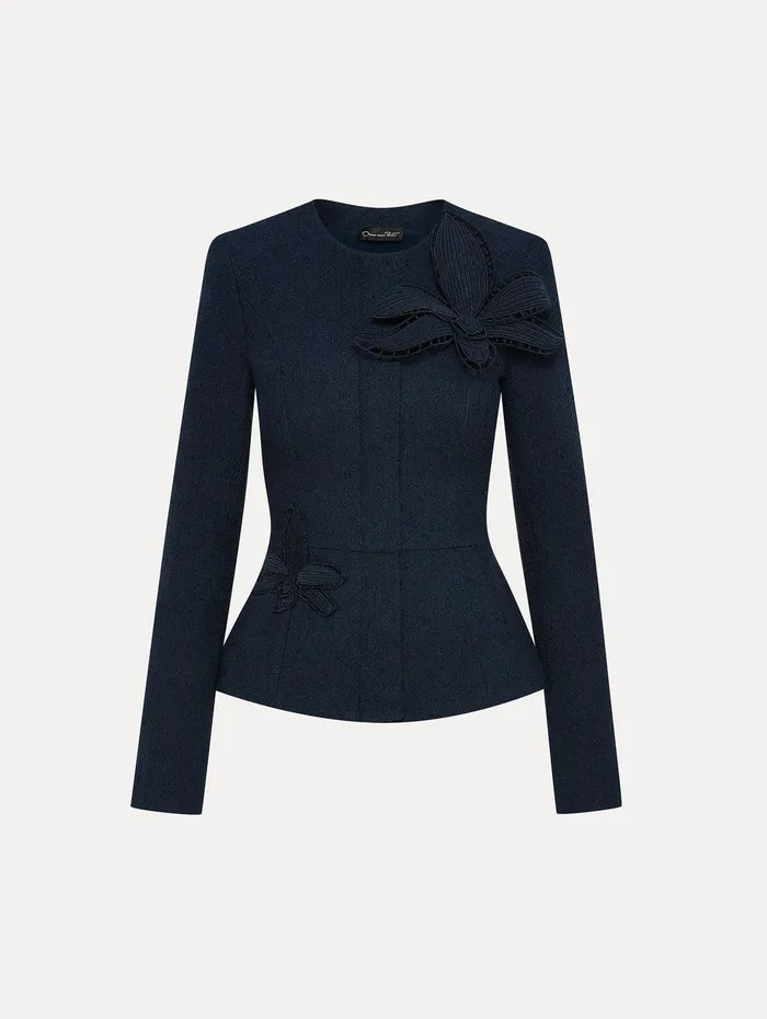 Orchid Embroidered Tweed Jacket Navy Women Oscar De La Renta Jackets and Coats