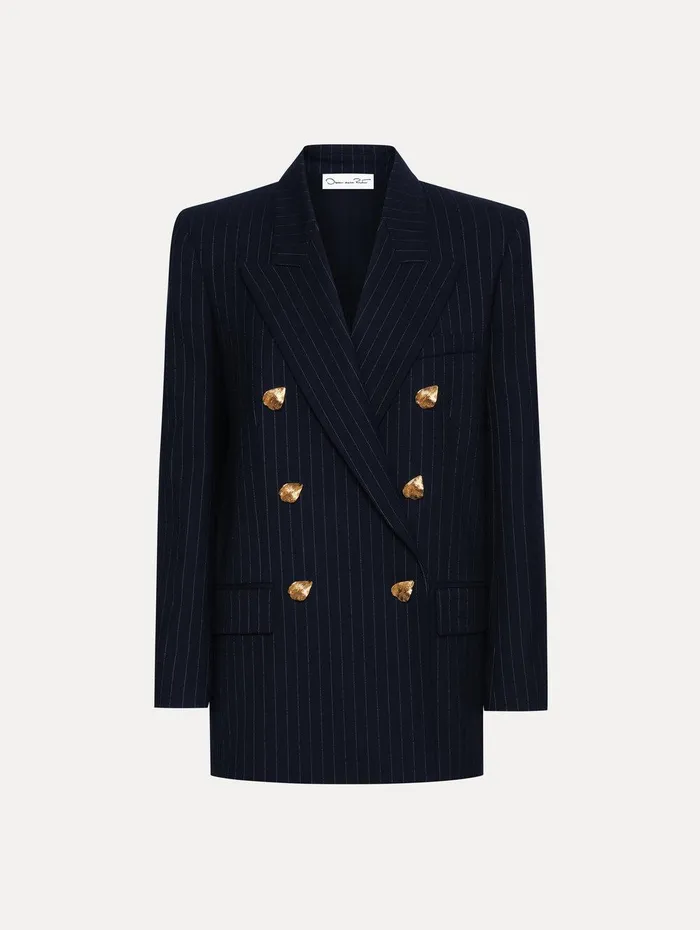 Pinstriped DoubleBreasted Jacket Navy and White Women Oscar De La Renta Jackets and Coats