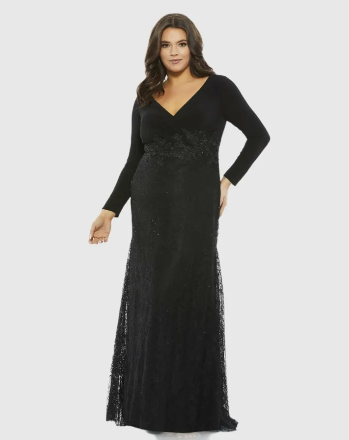Plus Size Dresses WrapOver Long Sleeve Lace Applique Trumpet Gown Plus BLACK 8211 Mac Duggal Women