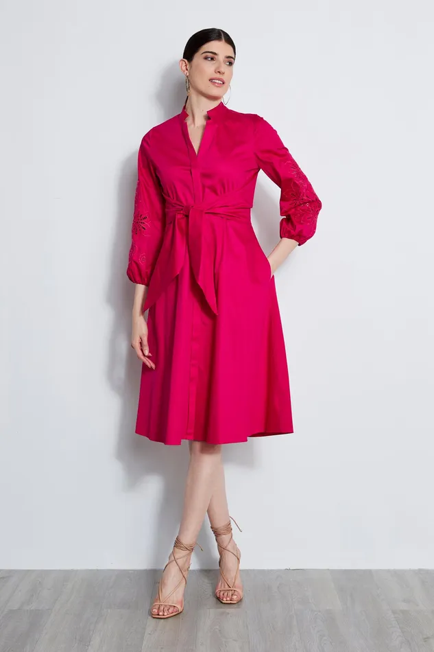 Short Sleeve Dresses Women Elie Tahari Embroidered Cotton Tie Dress CYCLAMEN