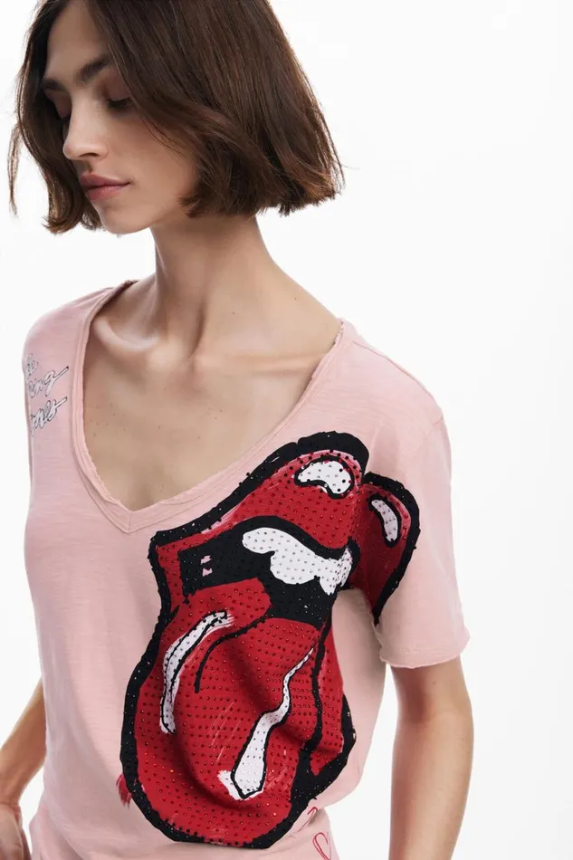 TShirts Women Desigual Rhinestone The Rolling Stones Tshirt Red