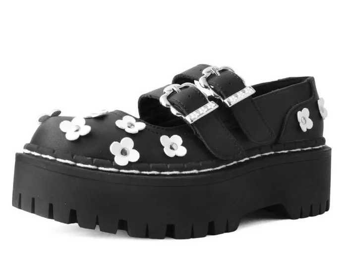 TUK Shoes Platforms Women Black and White TUKskin Flower Double Decker Mary Jane
