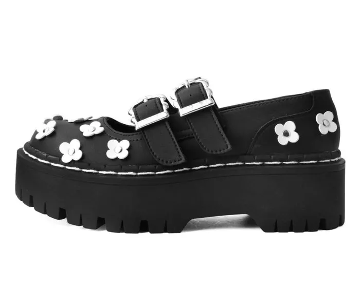 TUK Shoes Vegan Women Black and White TUKskin Flower Double Decker Mary Jane TUK Shoes Vegan Women Black and White TUKskin Flower Double Decker Mary Jane
