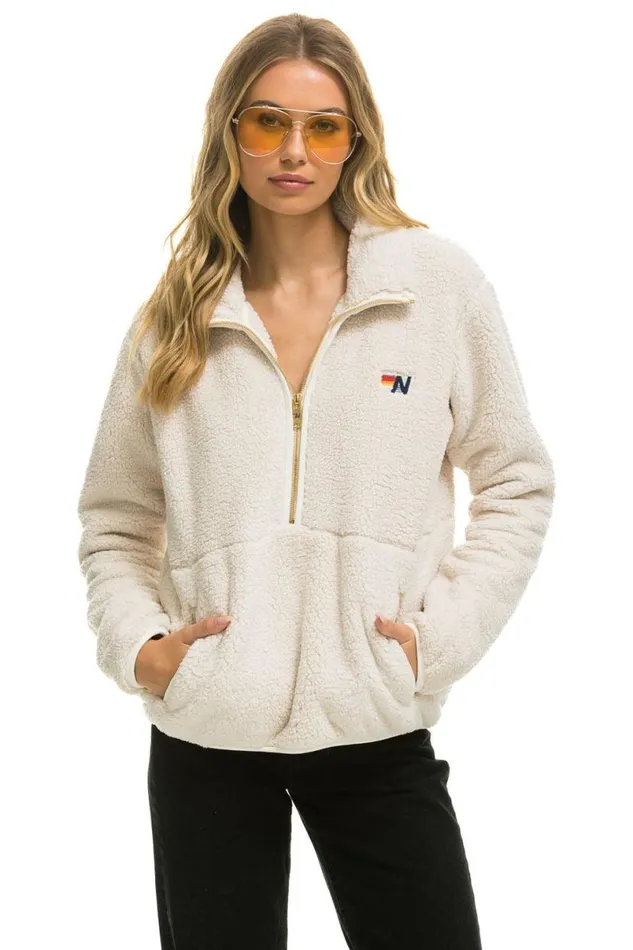 Teddy Unisex Half Zip Jacket 8211 Vintage White WomenMen Aviator Nation Teddy Jackets