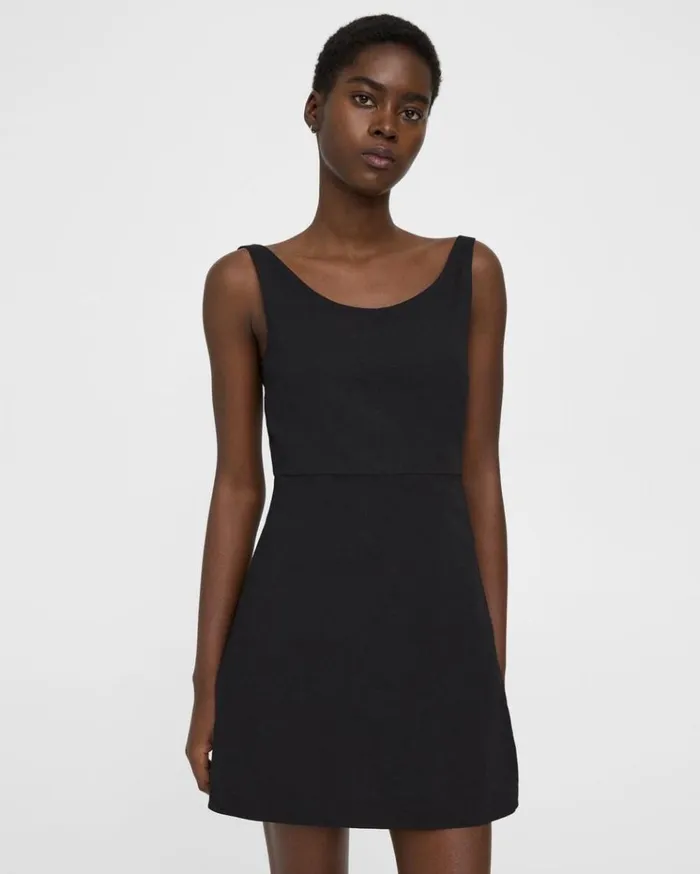 Theory Ballerina Neckline Mini Dress In Good Linen Black Women Dresses