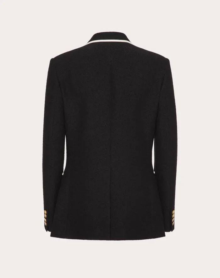 Valentino Coats And Blazers Man Doublebreasted Boucl Wool Jacket With Vlogo Signature Embroidery For Man In Black Black Valentino Coats And Blazers Man Doublebreasted Boucl Wool Jacket With Vlogo Signature Embroidery For Man In Black Black