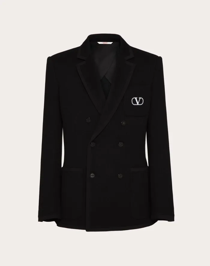 Valentino Coats And Blazers Man Doublebreasted Cotton Jersey Jacket With Vlogo Signature Patch For Man In Black Black