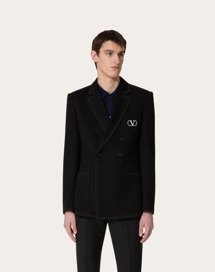 Valentino Coats And Blazers Man Doublebreasted Cotton Jersey Jacket With Vlogo Signature Patch For Man In Black Black Valentino Coats And Blazers Man Doublebreasted Cotton Jersey Jacket With Vlogo Signature Patch For Man In Black Black