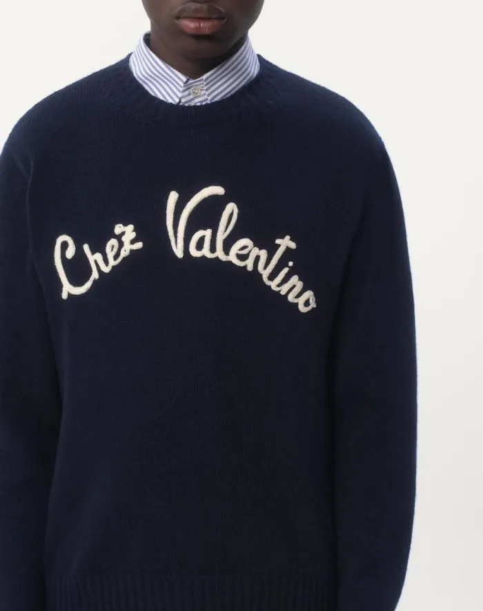 Valentino Knitwear Man Wool Crewneck Sweater With Chez Valentino Embroidery For Man In Indigo Indigo Valentino Knitwear Man Wool Crewneck Sweater With Chez Valentino Embroidery For Man In Indigo Indigo
