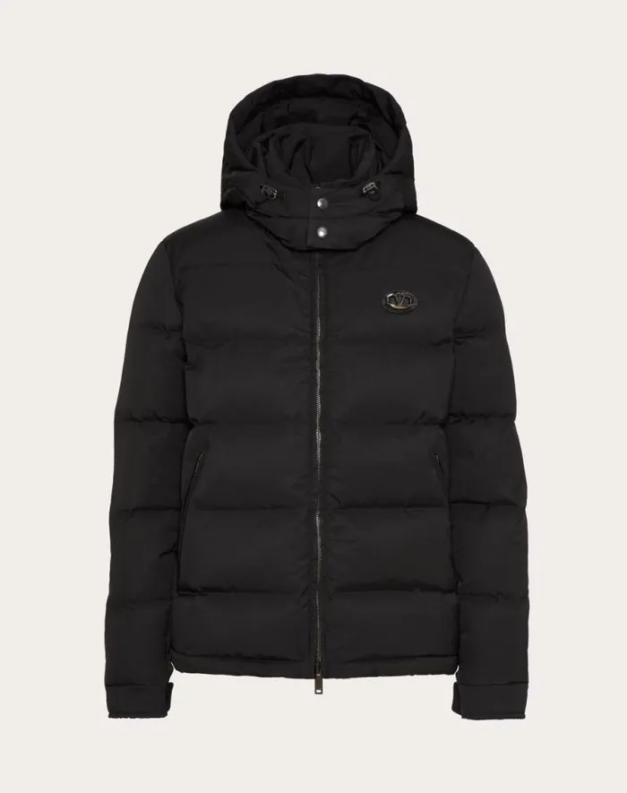 Valentino Outerwear Man Nylon Hooded Down Jacket With Leather Patch And Vlogo Signature For Man In Black Black