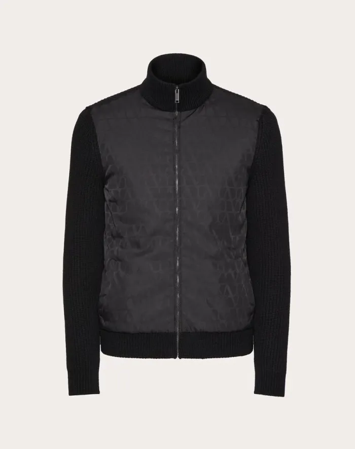 Valentino Outerwear Man Wool Knit Jacket With Toile Iconographe Nylon Jacquard Front Panel For Man In Black Black