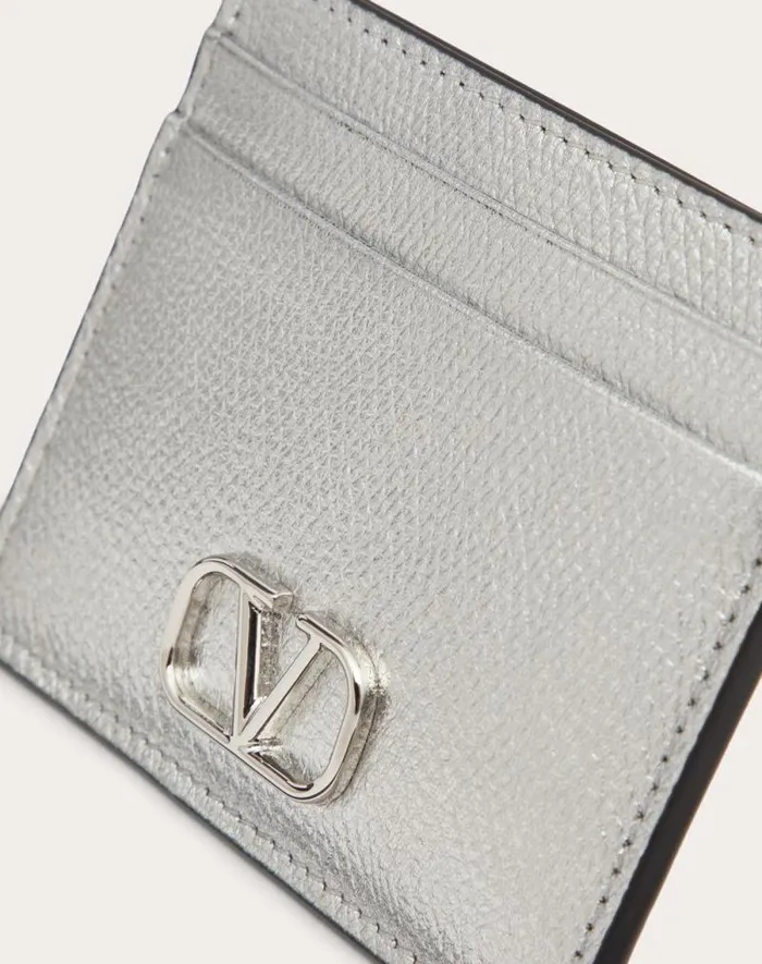 Valentino Wallets And Small Leather Goods Woman Vlogo Signature Metallic Grainy Calfskin Cardholder For Woman In Silver Silver