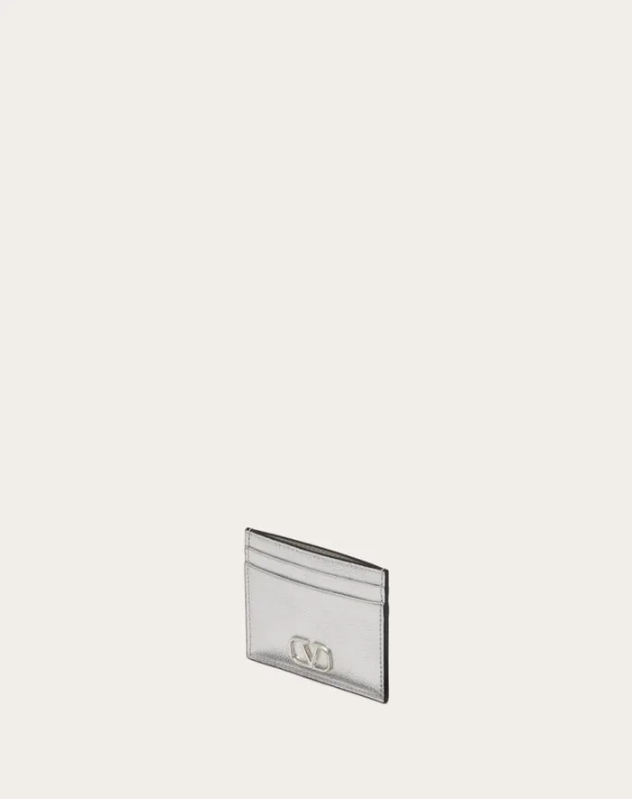 Valentino Wallets And Small Leather Goods Woman Vlogo Signature Metallic Grainy Calfskin Cardholder For Woman In Silver Silver