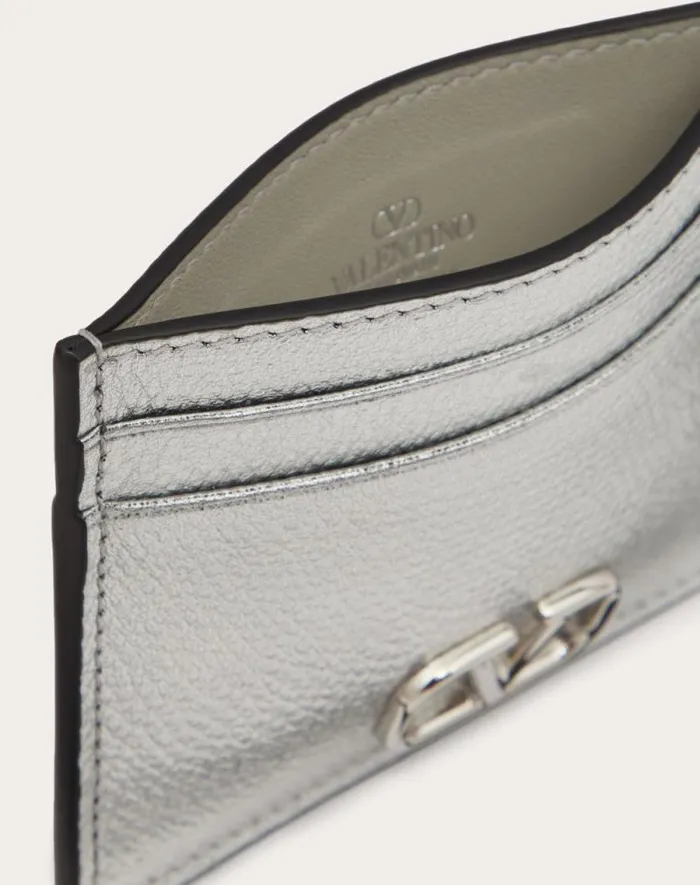 Valentino Wallets And Small Leather Goods Woman Vlogo Signature Metallic Grainy Calfskin Cardholder For Woman In Silver Silver