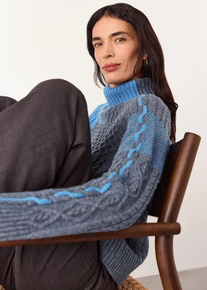 Whistles Sweaters and Cashmere Blue Patchwork Cable Knit Sweater 8211 Women