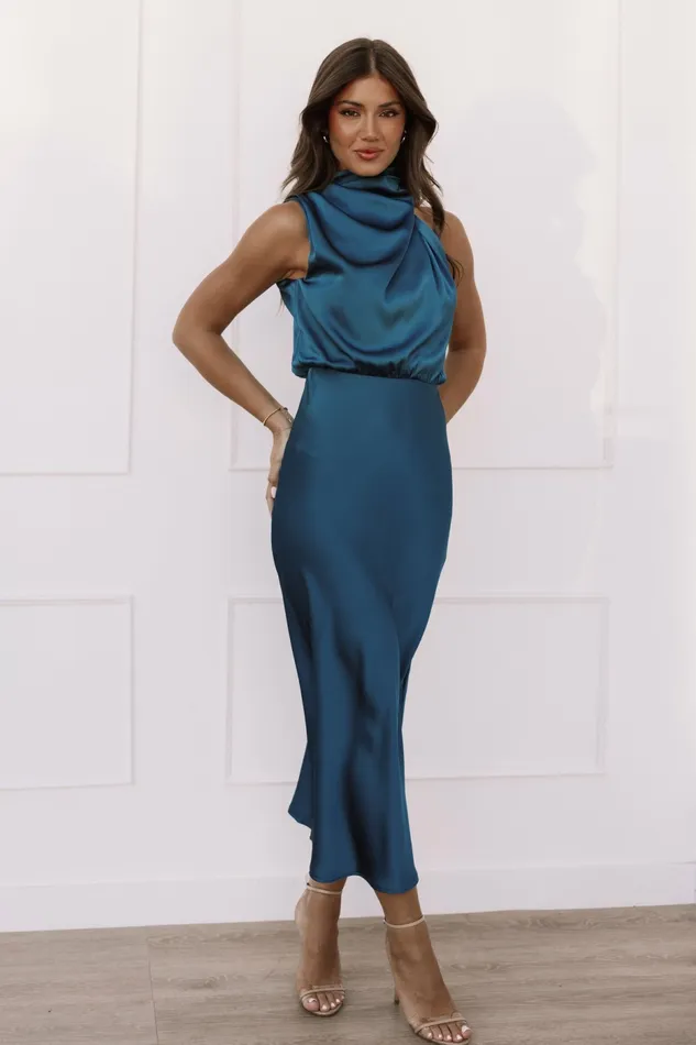 Women Anabelle Halter Neck Midi Dress Teal Satin Dresses Petal and Pup