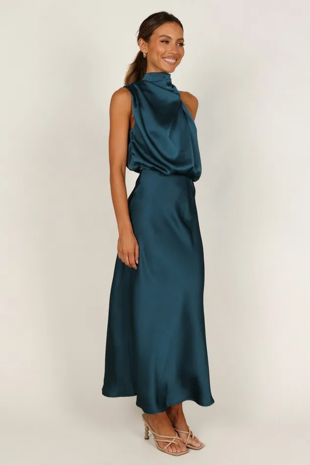 Women Anabelle Halter Neck Midi Dress Teal Satin Dresses Petal and Pup