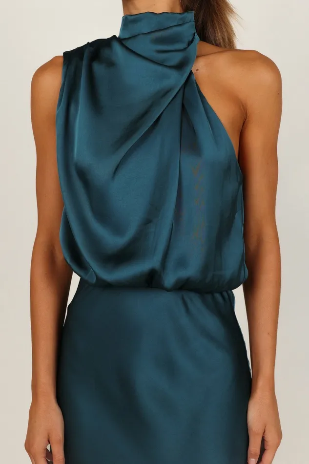 Women Anabelle Halter Neck Midi Dress Teal Satin Dresses Petal and Pup