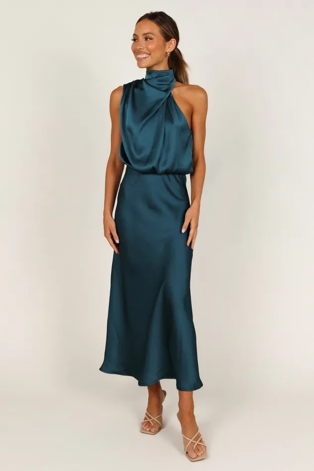 Women Anabelle Halter Neck Midi Dress Teal Satin Dresses Petal and Pup