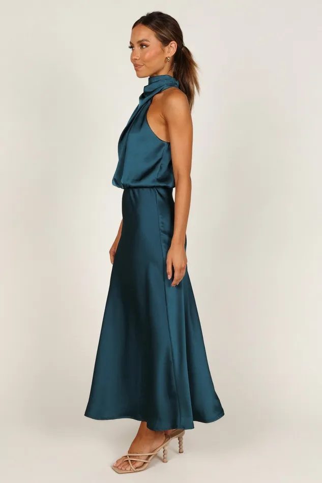Women Anabelle Halter Neck Midi Dress Teal Satin Dresses Petal and Pup