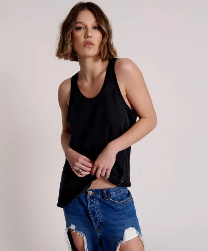 Women BLACK STONE RIBBED DISTRESSED DADDIO SINGLET One Teaspoon Tees and Tanks