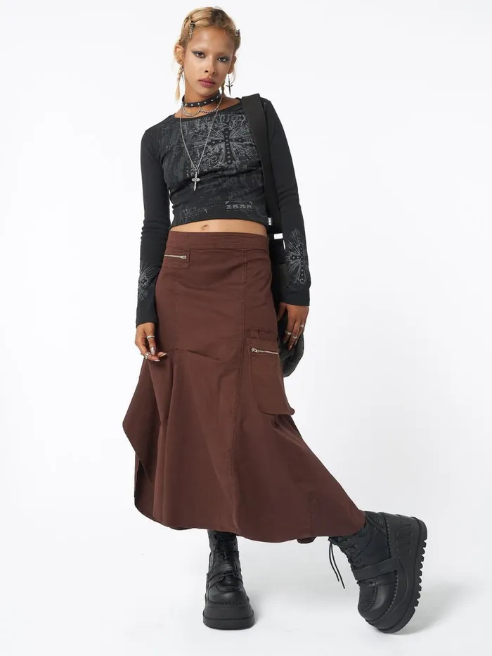 Women Minga London Bottoms Lexi Brown Tech Cargo Maxi Skirt
