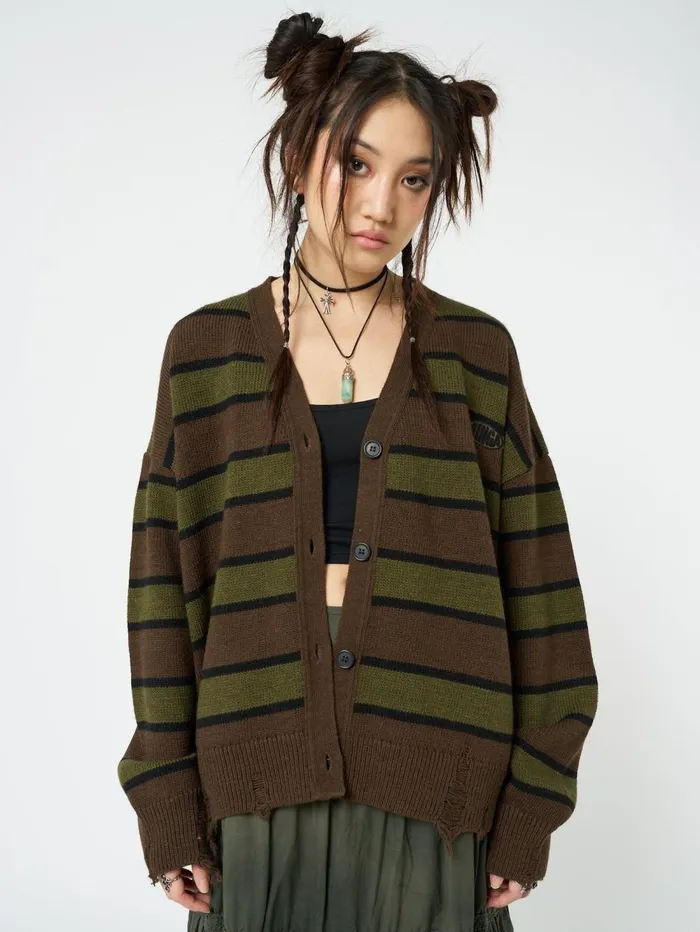 Women Minga London Jackets and Cardigans Neesa Brown and Green Stripe Knit Cardigan