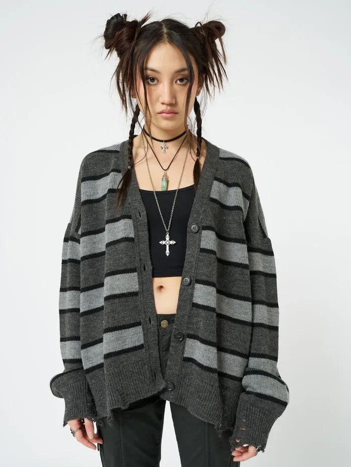 Women Minga London Jackets and Cardigans Neesa Grey and Black Stripe Knit Cardigan