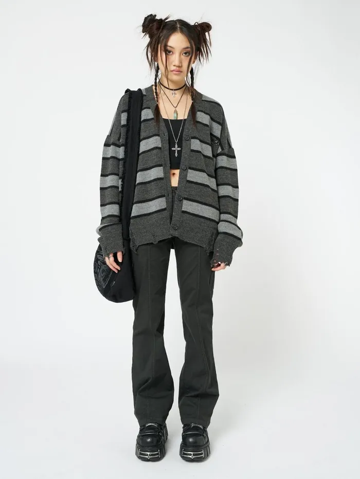 Women Minga London Knitwear Neesa Grey and Black Stripe Knit Cardigan