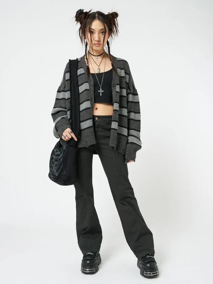 Women Minga London Knitwear Neesa Grey and Black Stripe Knit Cardigan